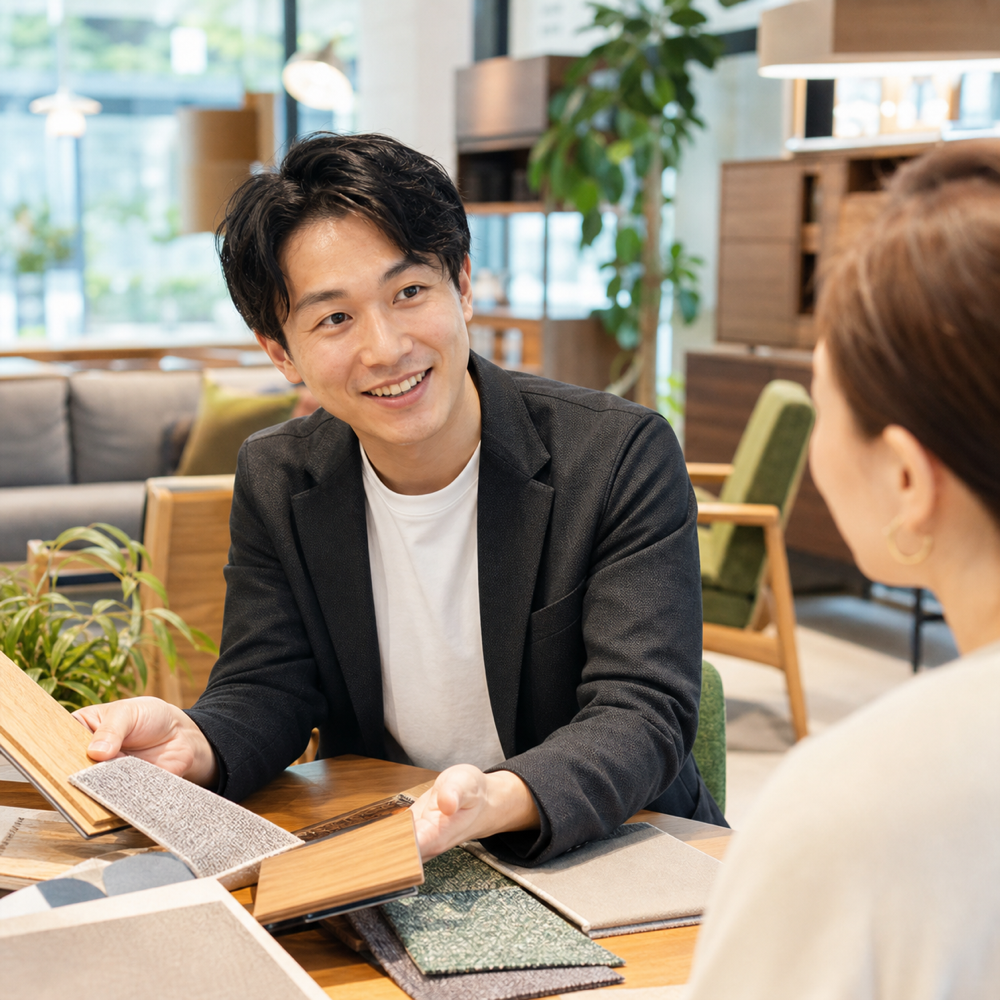 明るい家具ショールームで日本人男性スタッフがお客様へインテリア素材を提案している様子