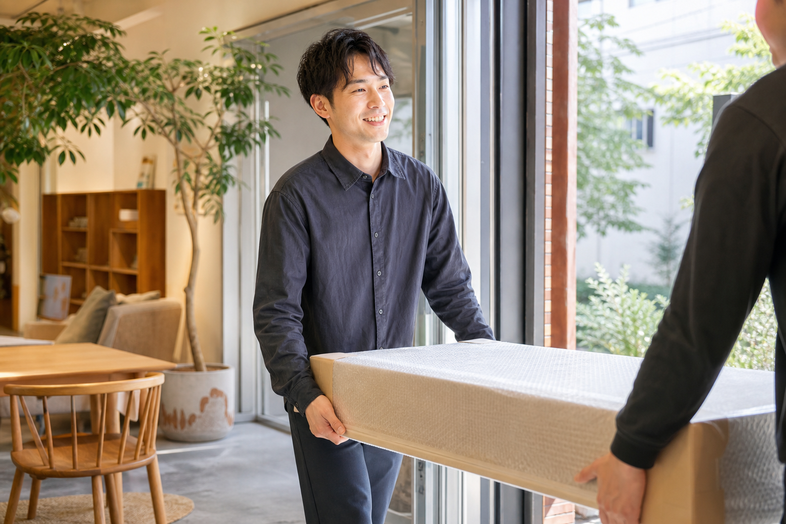 家具を丁寧に運ぶ日本人男性の配送助手スタッフ